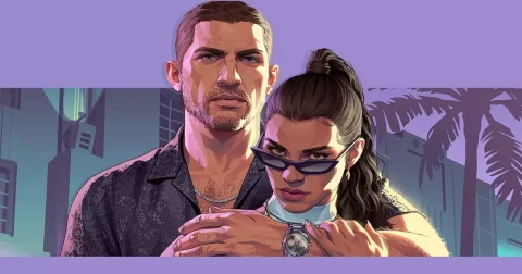 GTA 6 görselinde bir erkek ve kadın karakter önde, şehir silüeti arka planda görülüyor.