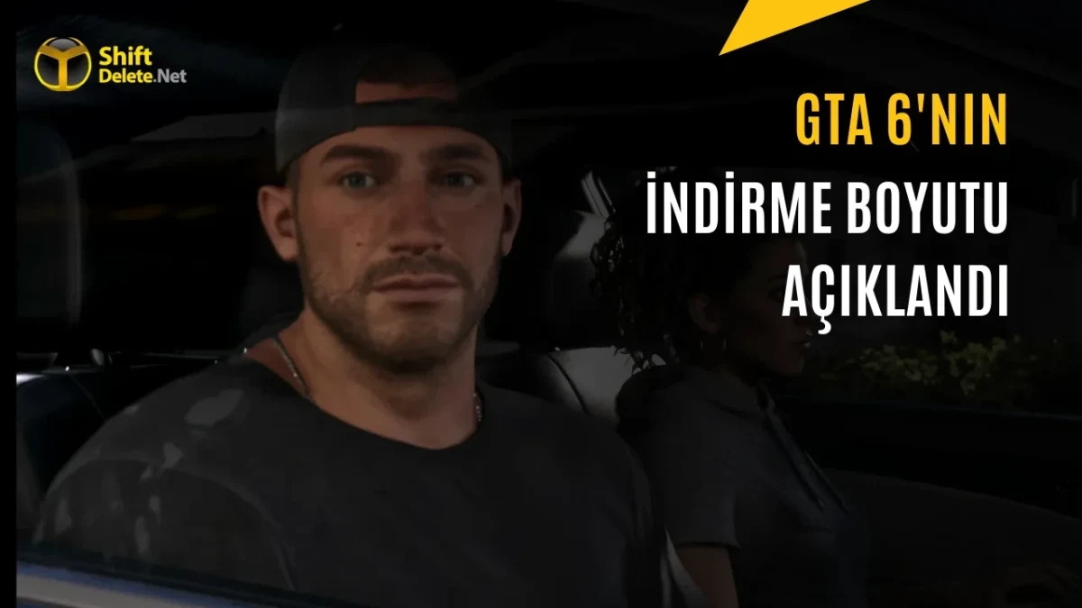 GTA 6'nın indirme boyutunun açıklandığını duyuran görsel; otomobil içindeki bir karakter ve haber başlığı