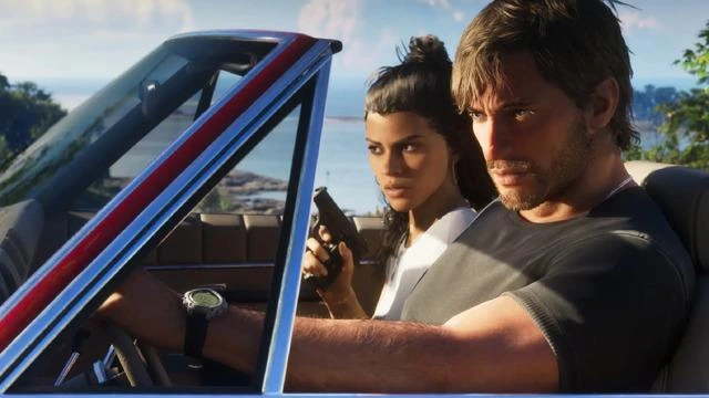 GTA 6 görselinde bir otomobilde oturan iki karakter