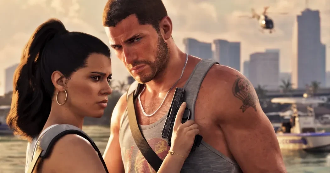 GTA 6 görselinde şehir önünde yan yana duran kadın ve erkek karakter