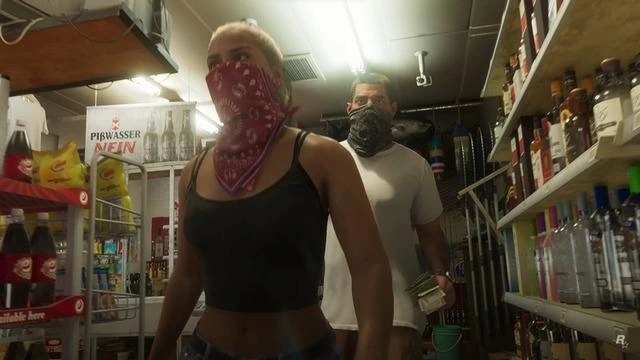 GTA 6’ta bir dükkânın içinde yüzleri bandanalı iki karakter