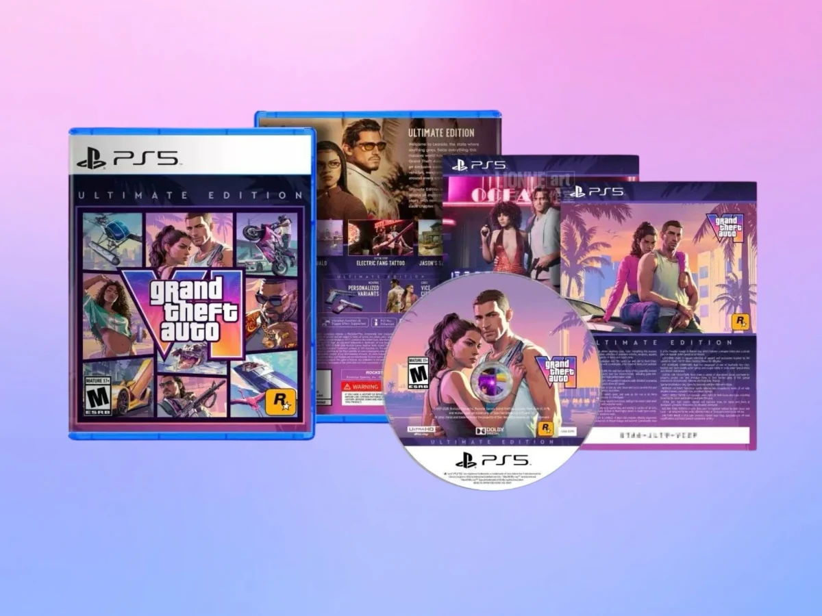 GTA 6 koleksiyon setinde PS5 kutusu, disk ve kapak tasarımları