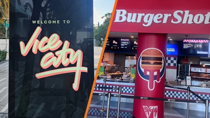 Vice City yazılı tabela ve Burger Shot temalı yiyecek satış noktası