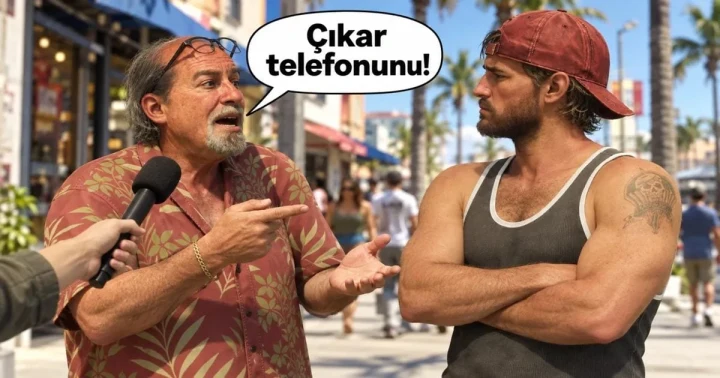 GTA 6 görselinde iki karakter sokakta konuşuyor; konuşma balonunda “Çıkar telefonunu!” yazıyor.