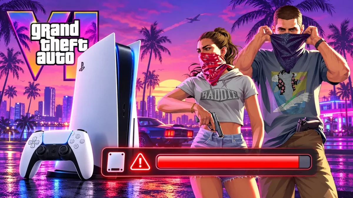 GTA 6 logosu, iki karakter, PlayStation 5 konsolu ve dolmak üzere olan depolama göstergesi