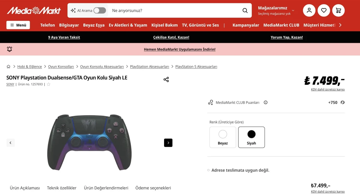 MediaMarkt ürün sayfasında GTA temalı siyah DualSense kontrolcüsü ve fiyat bilgisi