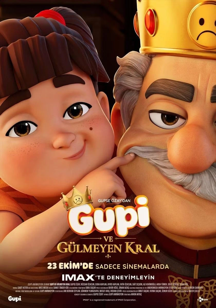 Gupi ve Gülmeyen Kral animasyon afişindeki Gupi ve kral karakterleri