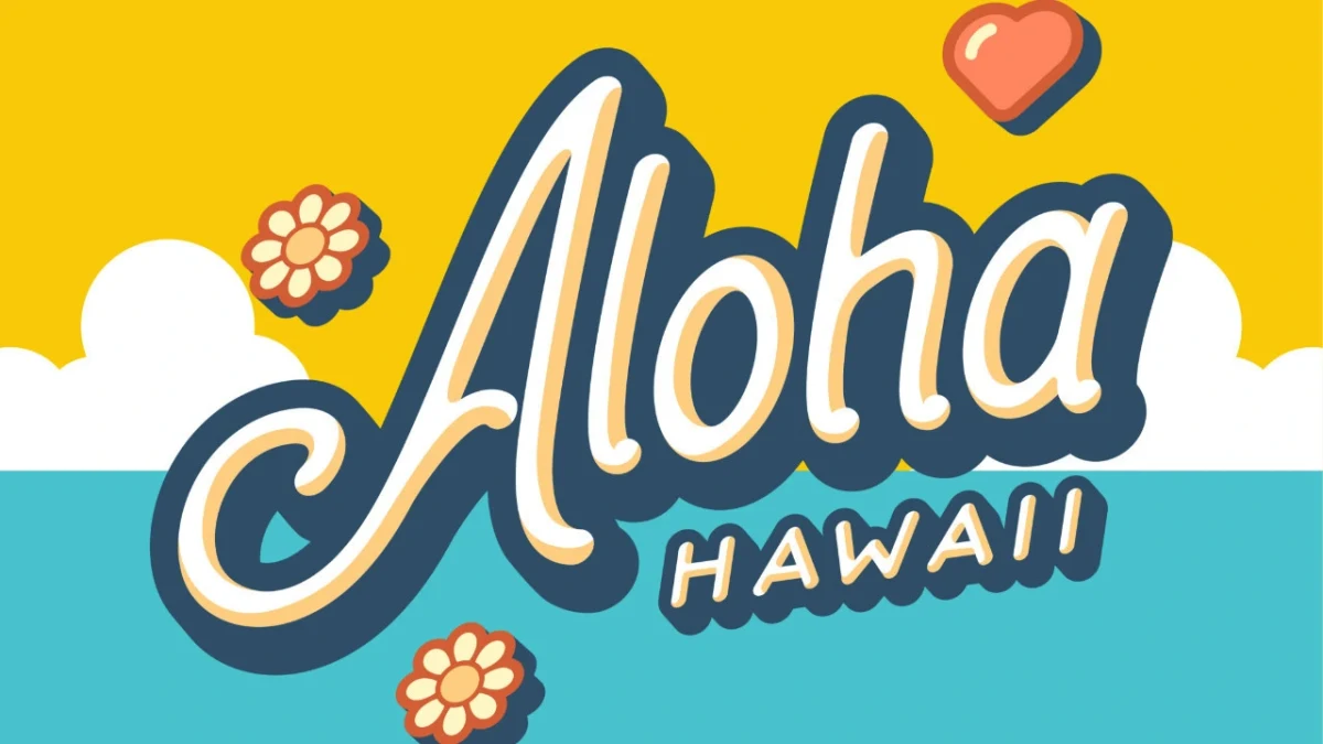 Hawaii yazısı ve kalp simgesi içeren renkli illüstrasyon