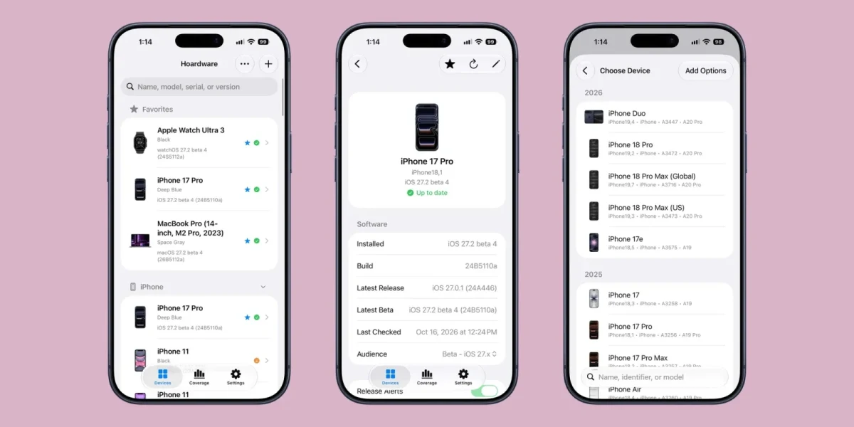 Hoardware uygulamasının Apple cihaz koleksiyonu, cihaz ayrıntıları ve model seçimi ekranlarını gösteren üç iPhone görünümü