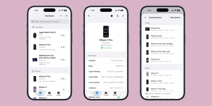 Hoardware uygulamasının Apple cihaz koleksiyonu, cihaz ayrıntıları ve model seçimi ekranlarını gösteren üç iPhone görünümü