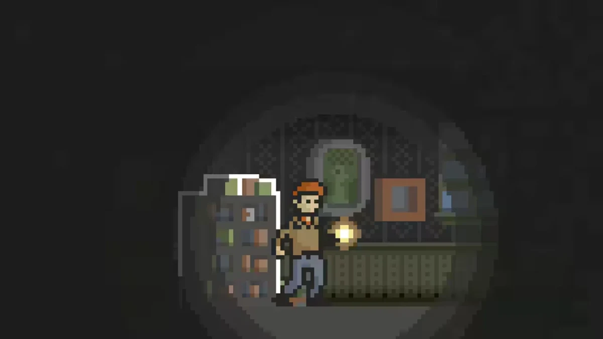 Home – A Unique Horror Adventure oyununda el feneriyle karanlık bir odada ilerleyen piksel karakter