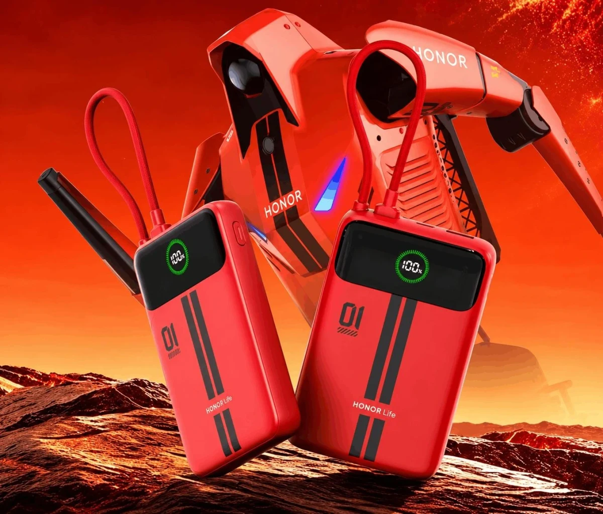 Dahili kablolu kırmızı Honor powerbank modellerinin tanıtım görseli