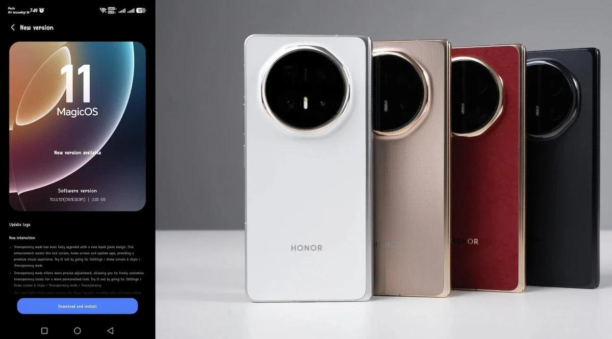 MagicOS 11 güncelleme ekranı ve farklı renklerde Honor telefonların arka yüzü