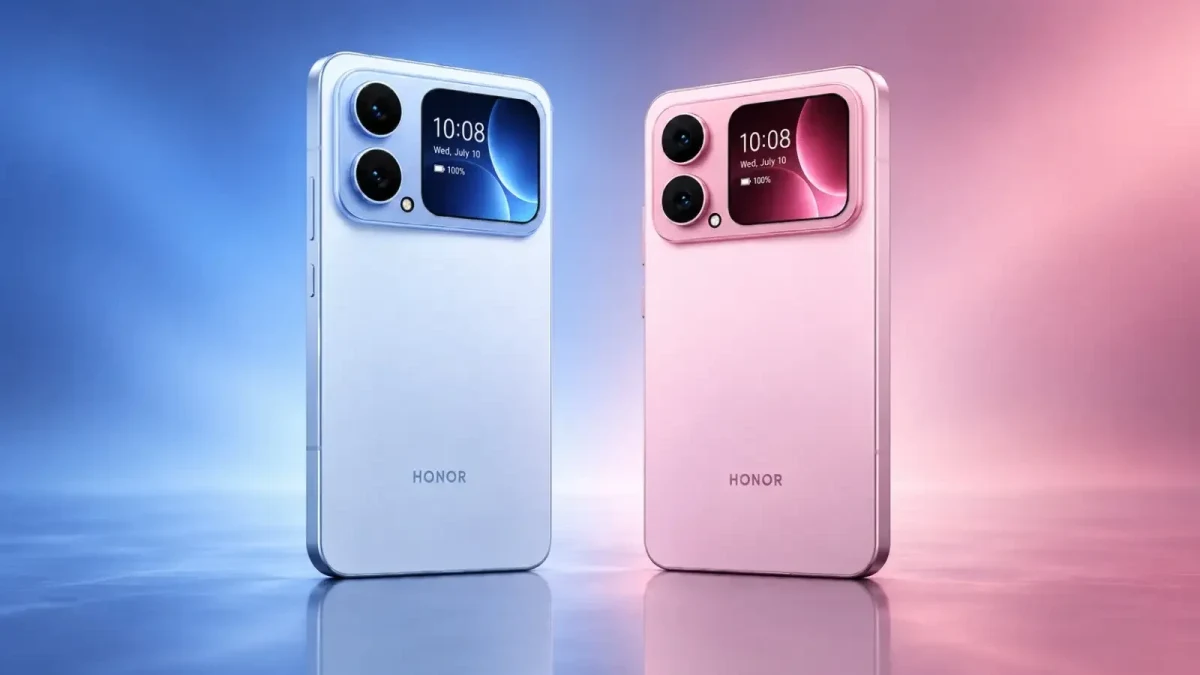 Mavi ve pembe renkli iki Honor telefonunun arka yüzünde kamera modülü ve küçük ekran görülüyor