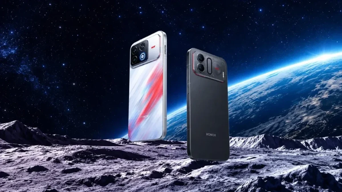 Uzay ve ay yüzeyi fonunda gösterilen Honor Win 2 telefonları