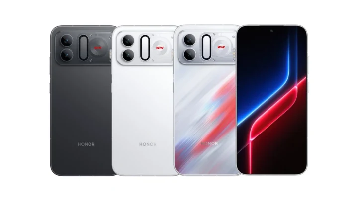 Honor WIN serisinden üç telefonun arka yüzü ve bir telefonun ekranı