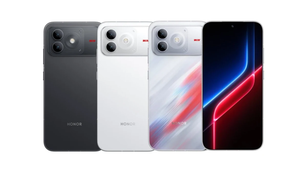 Honor WIN serisinden üç telefonun arka yüzü ve bir telefonun ekranı