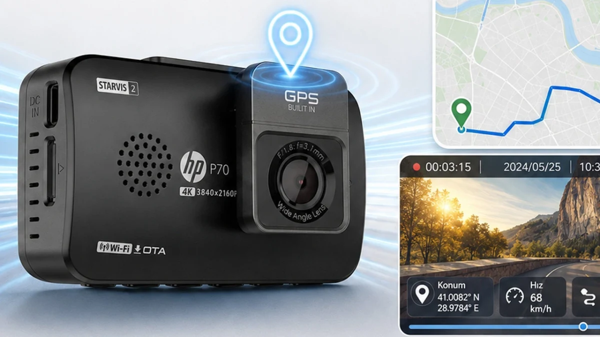 HP P70 araç kamerası; görselde 4K kayıt, GPS ve konum-hız bilgilerini gösteren arayüz yer alıyor.