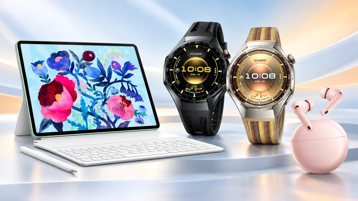 Huawei tablet, iki akıllı saat ve pembe kablosuz kulaklıkların birlikte gösterildiği ürün görseli