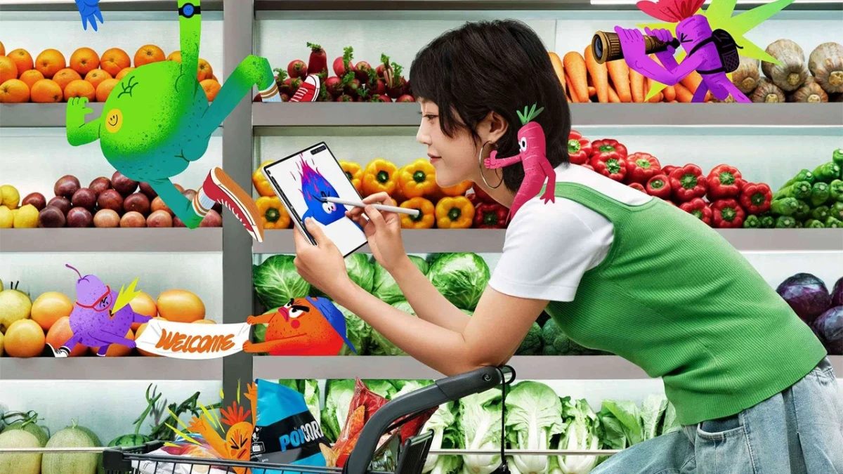 Bir kadın, manav reyonunda tablet kullanırken ekranda renkli çizimler görülüyor.