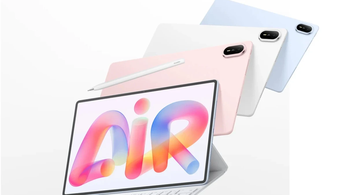 Huawei MatePad Air tabletin ekranı açık; arkasında mavi, beyaz ve pembe renk seçenekleri görülüyor.