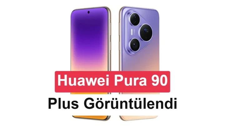 Huawei Pura 90 Plus’ın mor ve turuncu tonlardaki arka tasarımını gösteren mağaza görüntüsü
