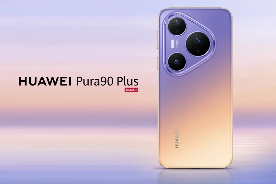 Mor ve altın tonlarında Huawei Pura 90 Plus telefonun arka yüzü