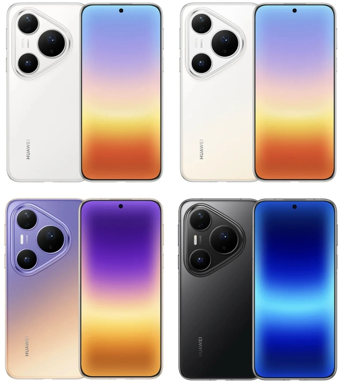 Huawei Pura 90 serisinin beyaz, mor ve siyah renk seçeneklerini gösteren ürün görselleri