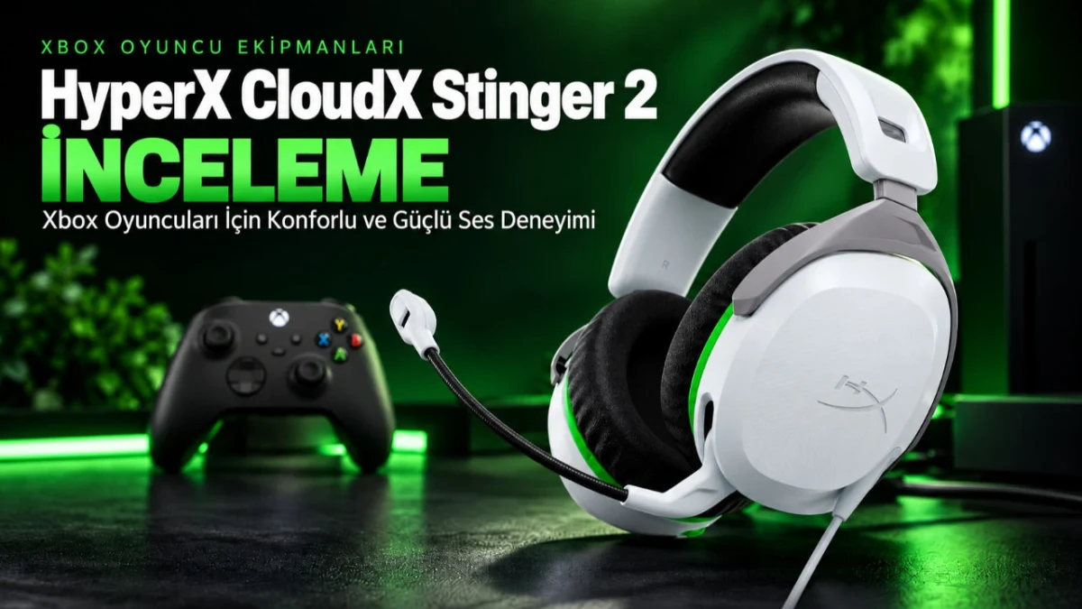 Xbox temalı görselde beyaz HyperX CloudX Stinger 2 oyuncu kulaklığı ve kumanda