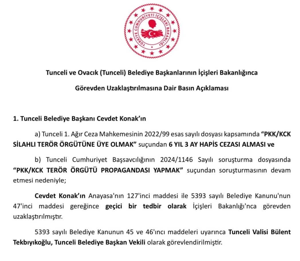 İçişleri Bakanlığının Tunceli ve Ovacık belediye başkanlarının görevden uzaklaştırılmasına ilişkin basın açıklaması