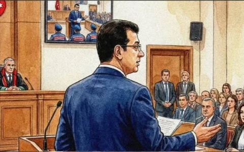 Mahkeme salonunda savunma yapan Ekrem İmamoğlu’nu betimleyen illüstrasyon