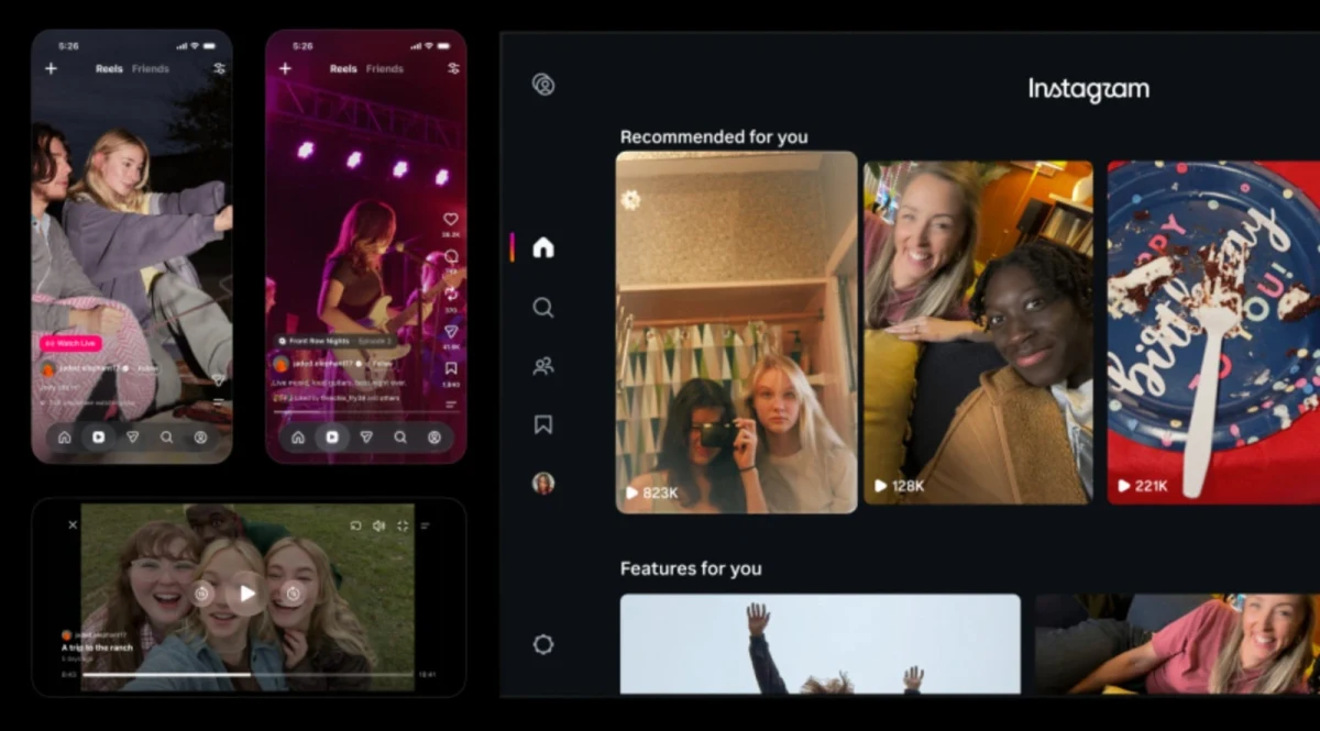 Instagram arayüzünde telefon ve televizyon ekranlarında gösterilen kısa ve uzun video örnekleri