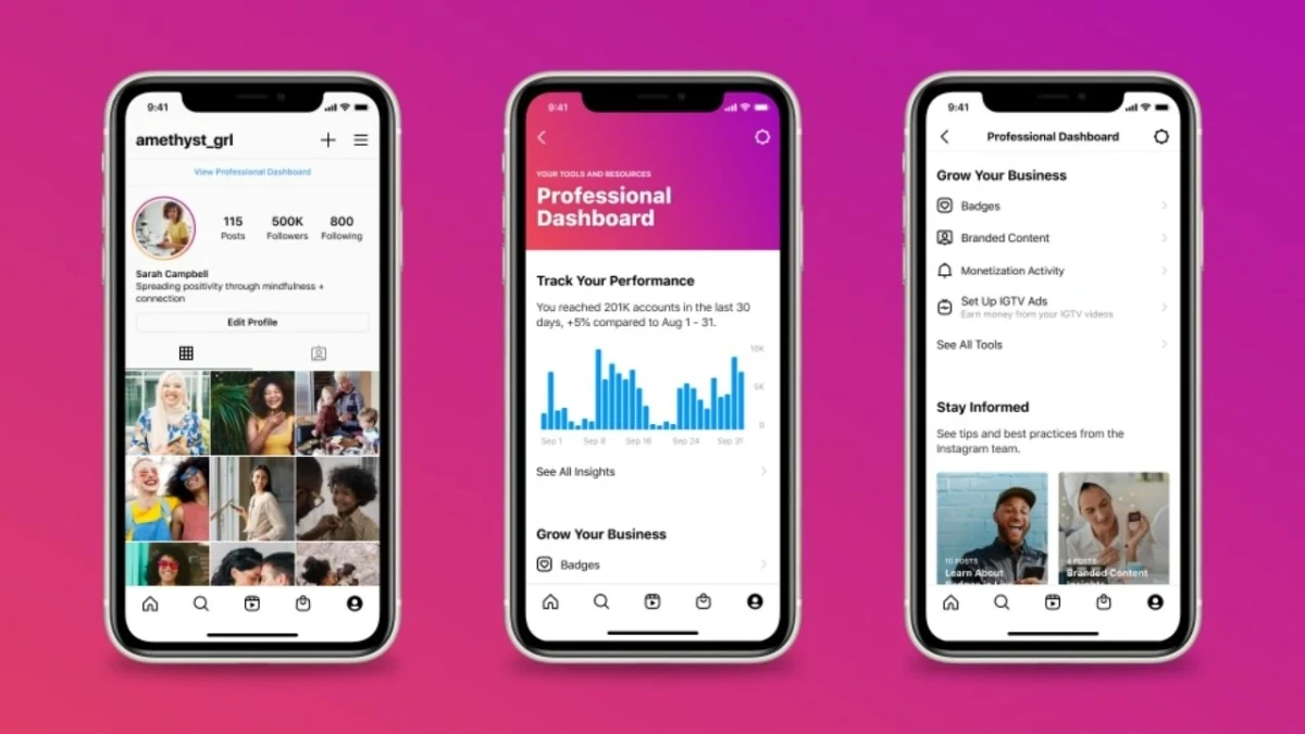 Pembe arka plan üzerinde Instagram profili ve Profesyonel Pano ekranlarını gösteren üç telefon