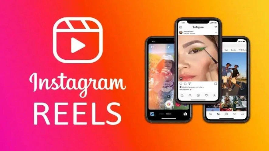 Instagram Reels logosu ve Reels içeriklerini gösteren üç telefon ekranı