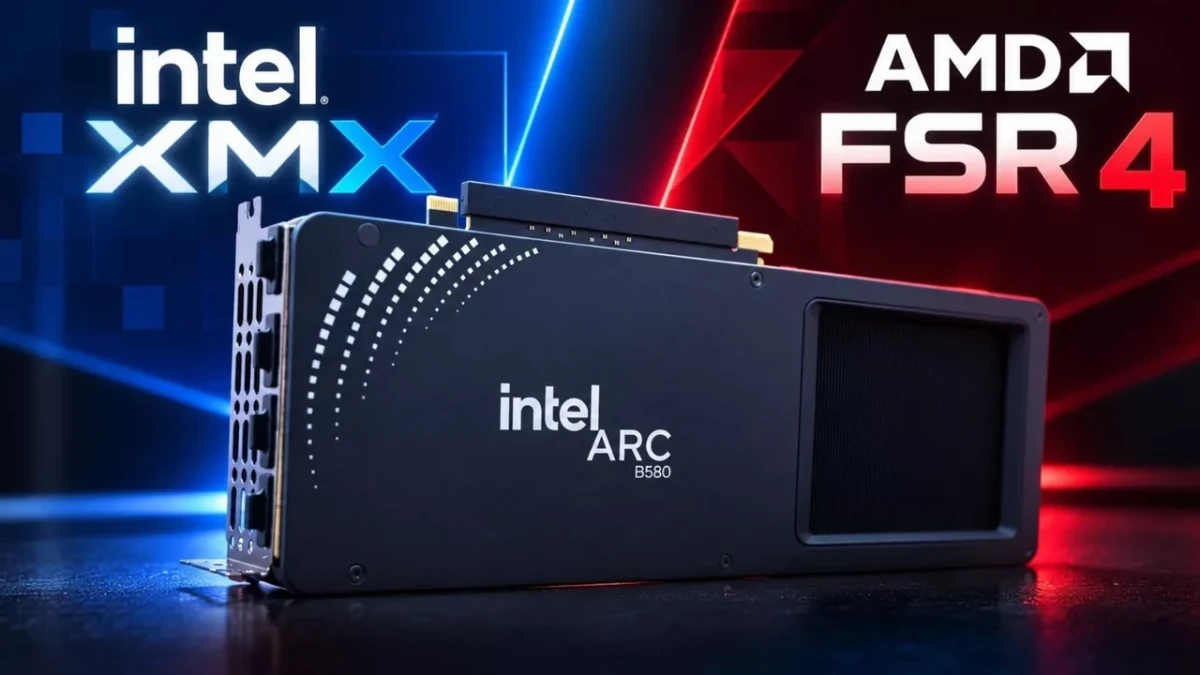 Intel Arc B580 ekran kartı, Intel XMX ve AMD FSR 4 yazılarıyla gösteriliyor