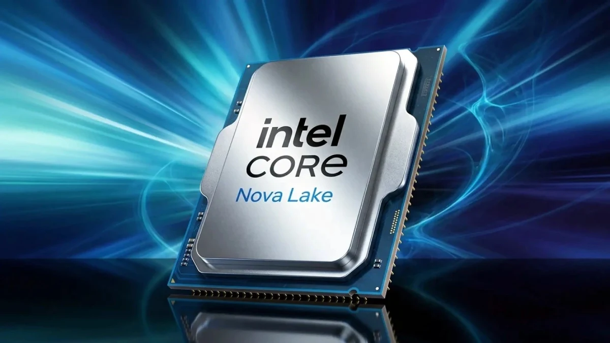 Mavi ışıklı arka plan üzerinde Intel Core Nova Lake işlemcisinin tanıtım görseli