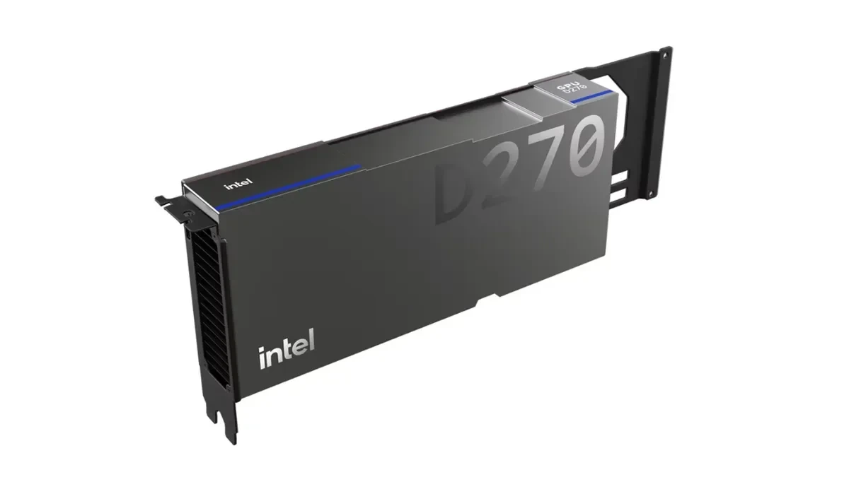 Intel logolu, üzerinde D270 yazısı bulunan siyah hızlandırıcı kartı