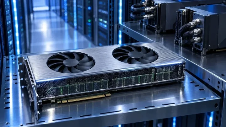 Veri merkezi ortamında, soğutma fanlarına sahip geniş bir GPU kartı