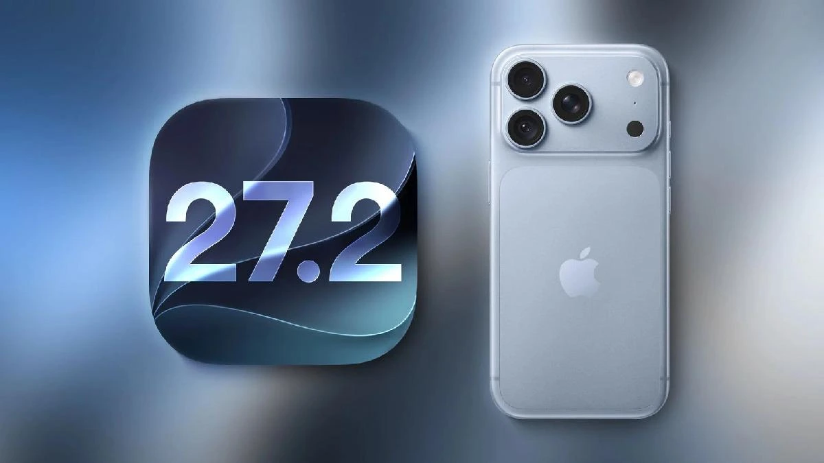 iOS 27.2 simgesi ve arka yüzü görünen bir iPhone
