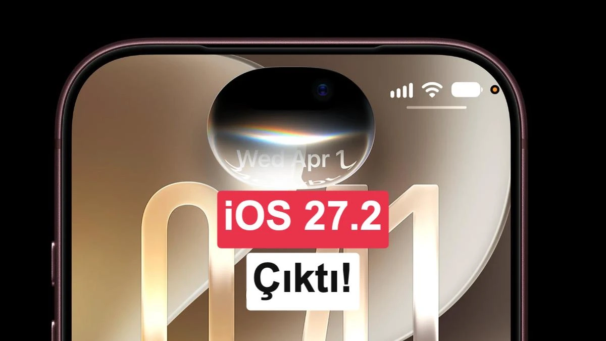 iOS 27.2 simgesi ve arka yüzü görünen iPhone