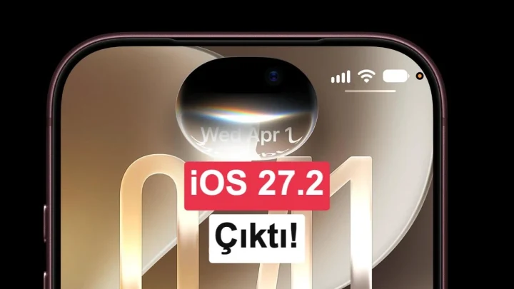 iOS 27.2 simgesi ve arka yüzü görünen iPhone