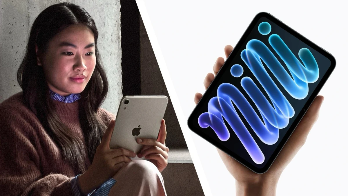 Bir kadın iPad mini kullanırken tabletin arka ve ön yüzü yan yana gösteriliyor