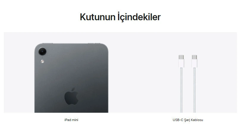 iPad mini ve USB-C şarj kablosunun gösterildiği kutu içeriği görseli