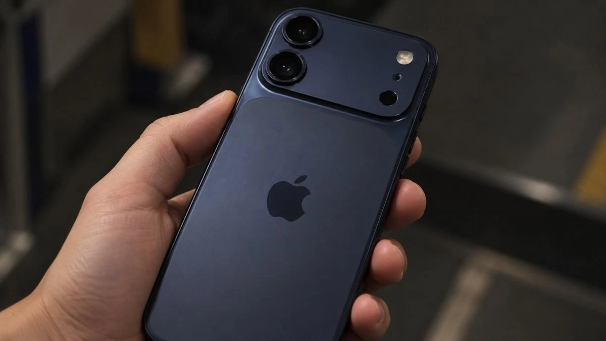Elde tutulan koyu mavi telefonun arka yüzünde dikey çift kamera ve kamera platformu