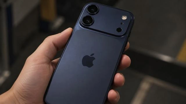 Koyu mavi renkli bir iPhone’un arka yüzü ve dikey çift kamera düzeni