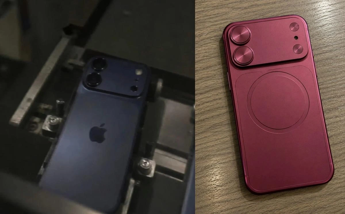 Koyu mavi ve pembe telefon maketlerinde arka tasarım ve kamera bölümü
