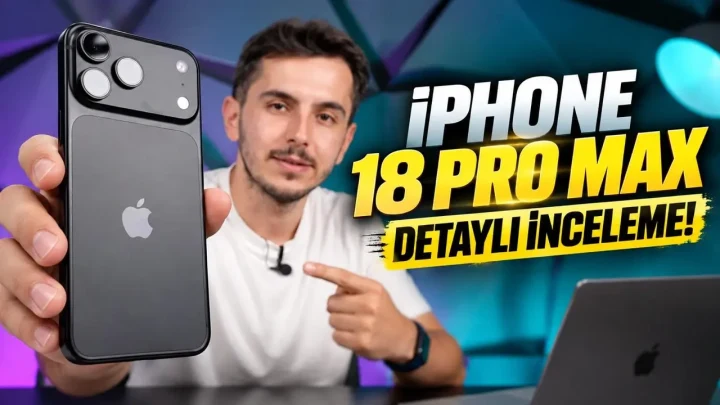 iPhone 18 Pro Max’i gösteren inceleme görseli; sunucu cihazı kameraya tanıtıyor