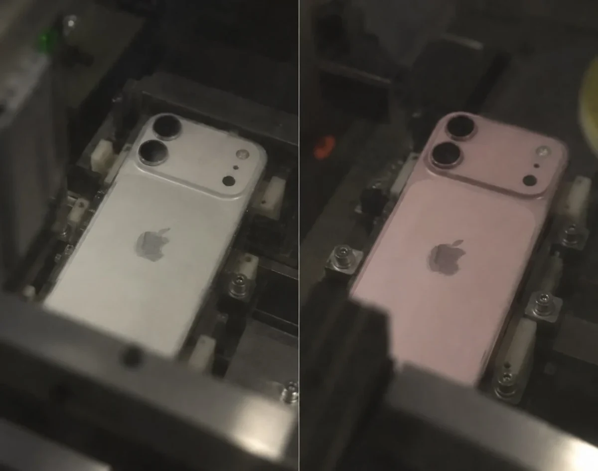 Üretim düzeneği üzerinde görülen koyu mavi iPhone benzeri telefonun arka yüzünde iki dikey kamera, flaş ve sensörler bulunuyor.