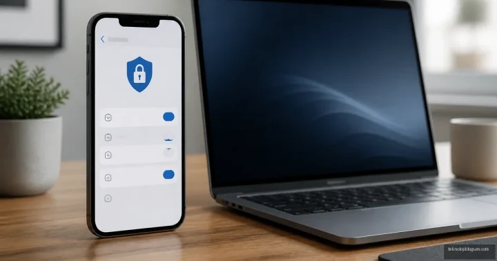 Bir akıllı telefon ekranında güvenlik simgesi ve yanında açık bir dizüstü bilgisayar