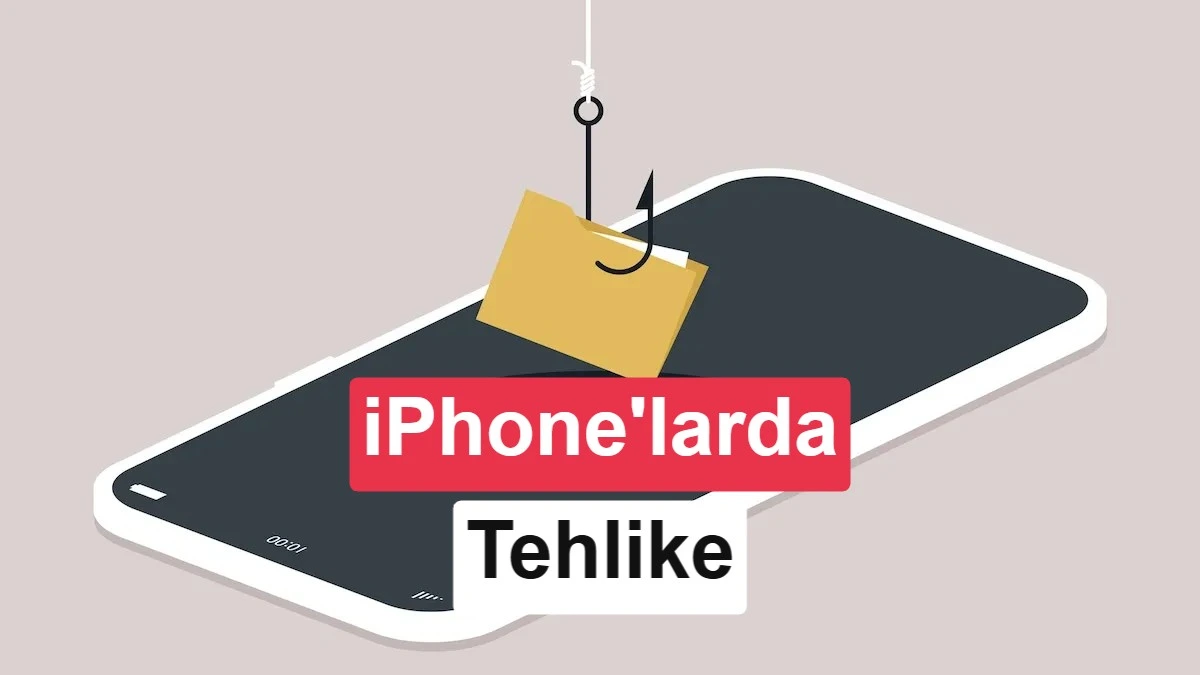 Bir oltalama kancasına takılmış sarı klasörün üzerinde iPhone ve tehlike uyarısı bulunan illüstrasyon